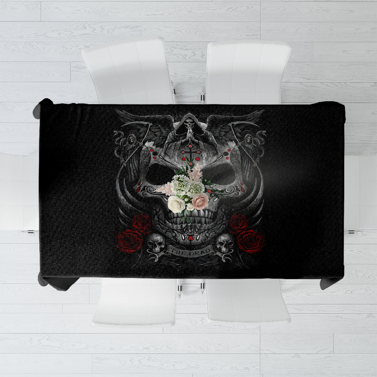 Black tablecloth with gothic skull and cross motif, red accents, draped over a table