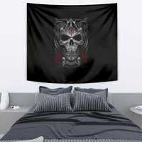 Black skull tapestry wall hanging with central skull and red rose details