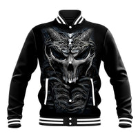 Unisex black baseball jacket with front skull and skeleton graphic, striped ribbed trim