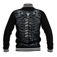 Unisex black baseball jacket with back ribcage skeleton print and striped ribbed collar