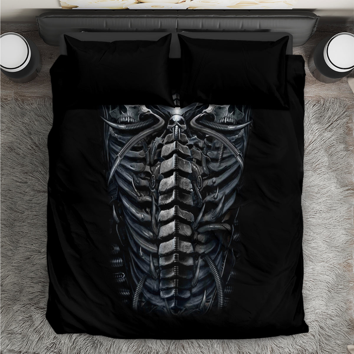 Black skeleton ribcage bedding set with skull graphic and two matching pillowcases