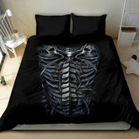 Black bedding set featuring skull and skeleton ribcage print on duvet with two pillowcases