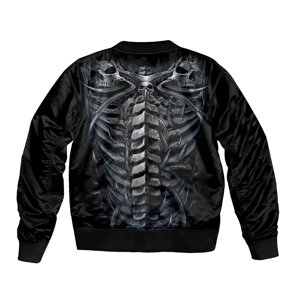 Unisex black bomber jacket with ribcage skeleton graphic and front zip detail
