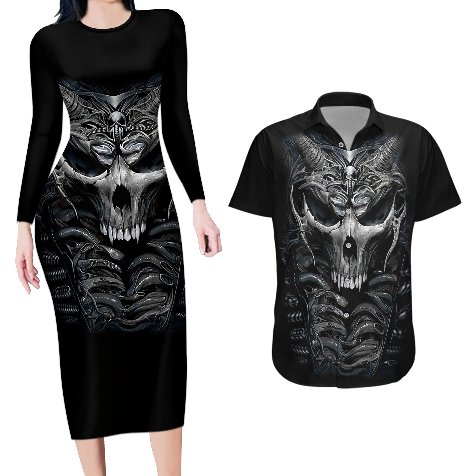 Skull Couples Matching Long Sleeve Bodycon Dress and Hawaiian Shirt Skeleton Inside - Wonder Print Shop