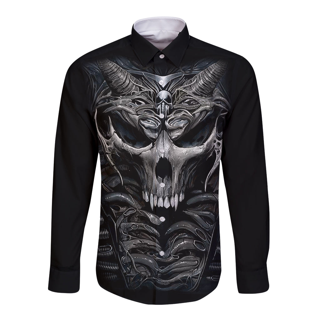 Black long-sleeve button shirt with front skeleton skull graphic