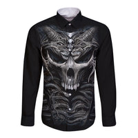 Black long-sleeve button shirt with front skeleton skull graphic