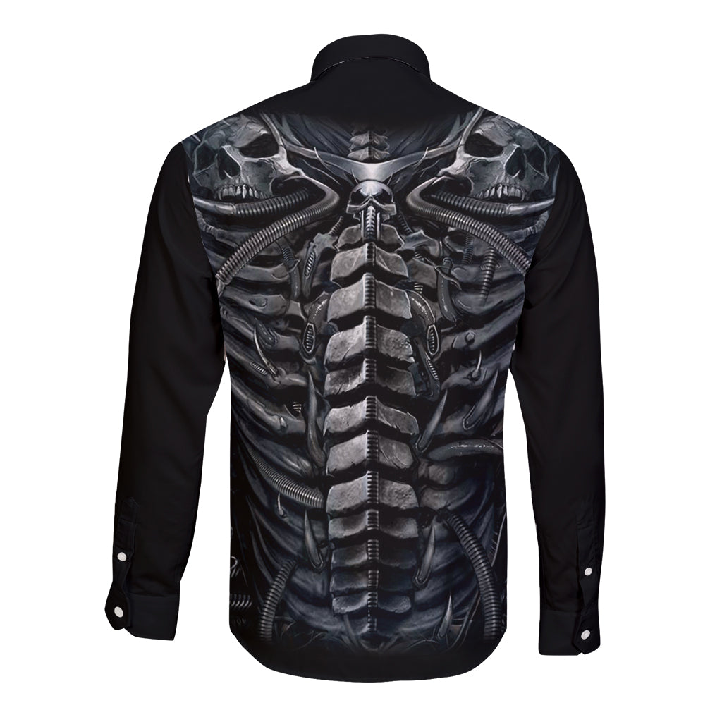 Black long-sleeve button shirt with back skeleton ribcage and skull design