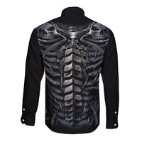 Black long-sleeve button shirt with back skeleton ribcage and skull design