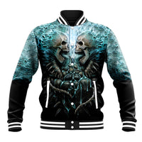 Black baseball jacket with front twin skull graphic, ribbed striped collar and cuffs