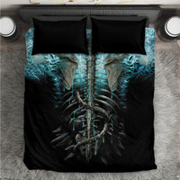 Black twin bedding set with turquoise skull-and-skeleton graphic, includes two pillowcases