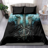 Black twin bedding set with turquoise skeleton artwork on duvet and two matching pillowcases