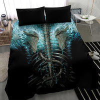 Black twin bedding set featuring turquoise skeleton center graphic on duvet with two pillows