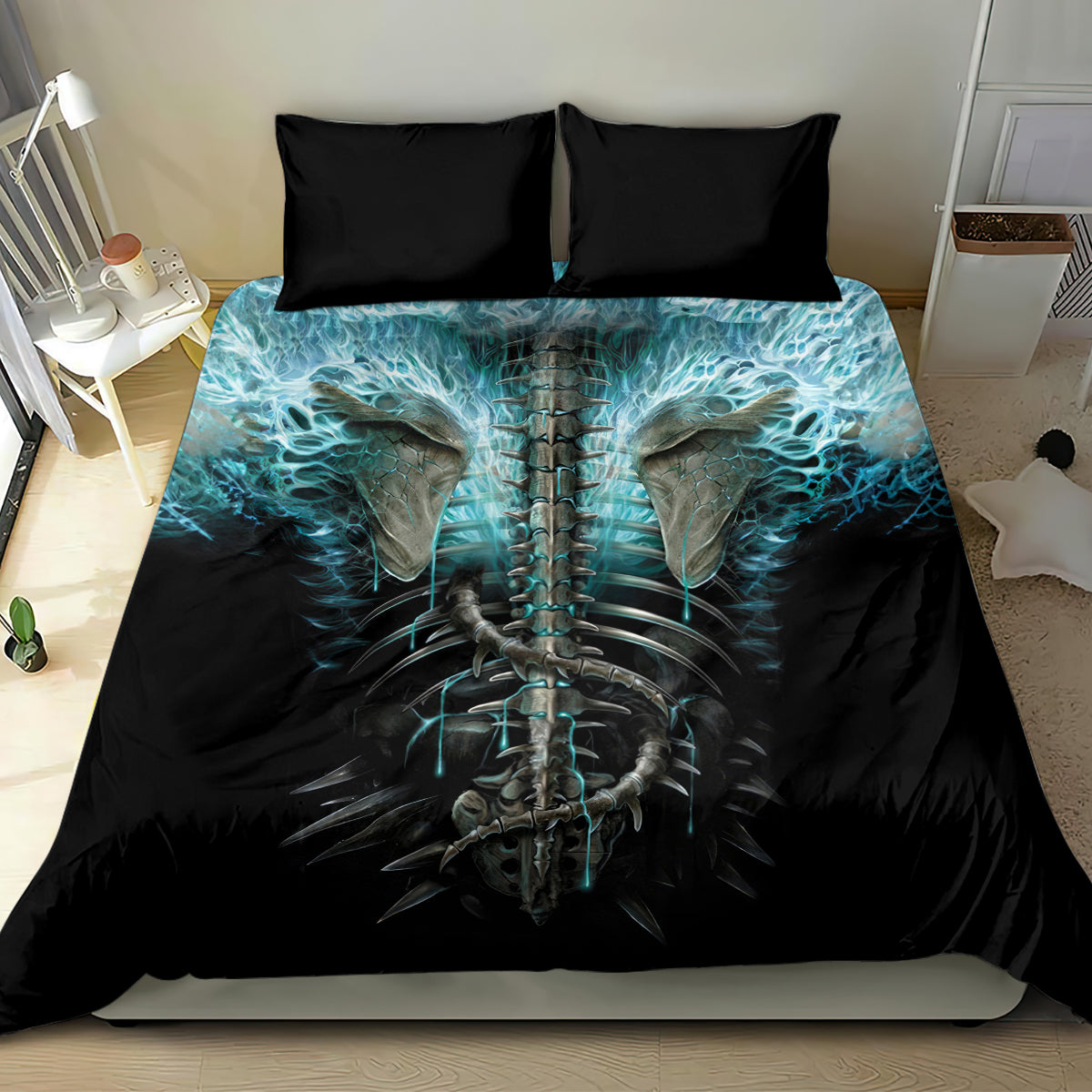 Black twin bedding set with turquoise skeleton design on duvet and two pillowcases