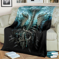 Black skeleton blanket with teal flame-like aura over the twin skull ribcage design