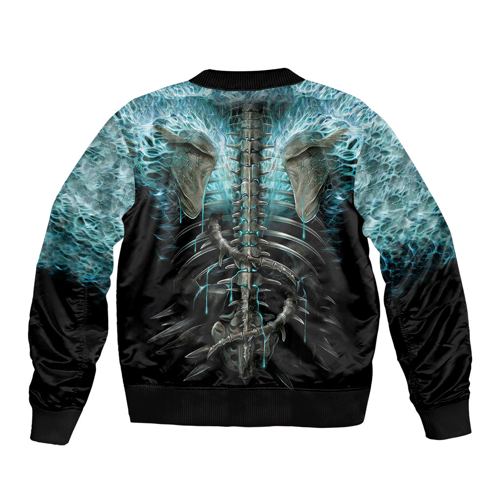 Unisex black bomber jacket, ribbed crew neck; back twin skull skeleton graphic in blue
