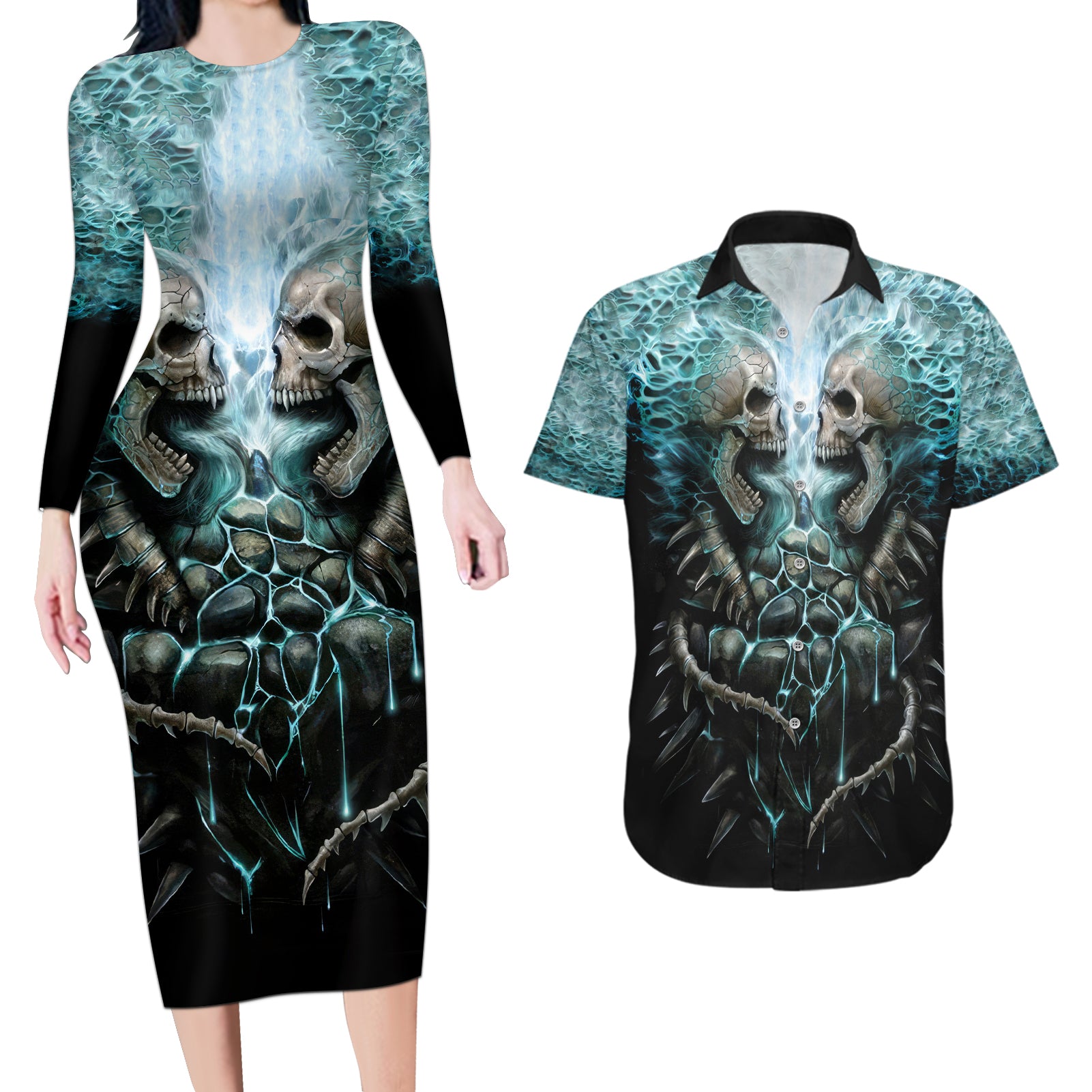 Flame Twin Skull Couples Matching Long Sleeve Bodycon Dress and Hawaiian Shirt Skeleton Inside - Wonder Print Shop