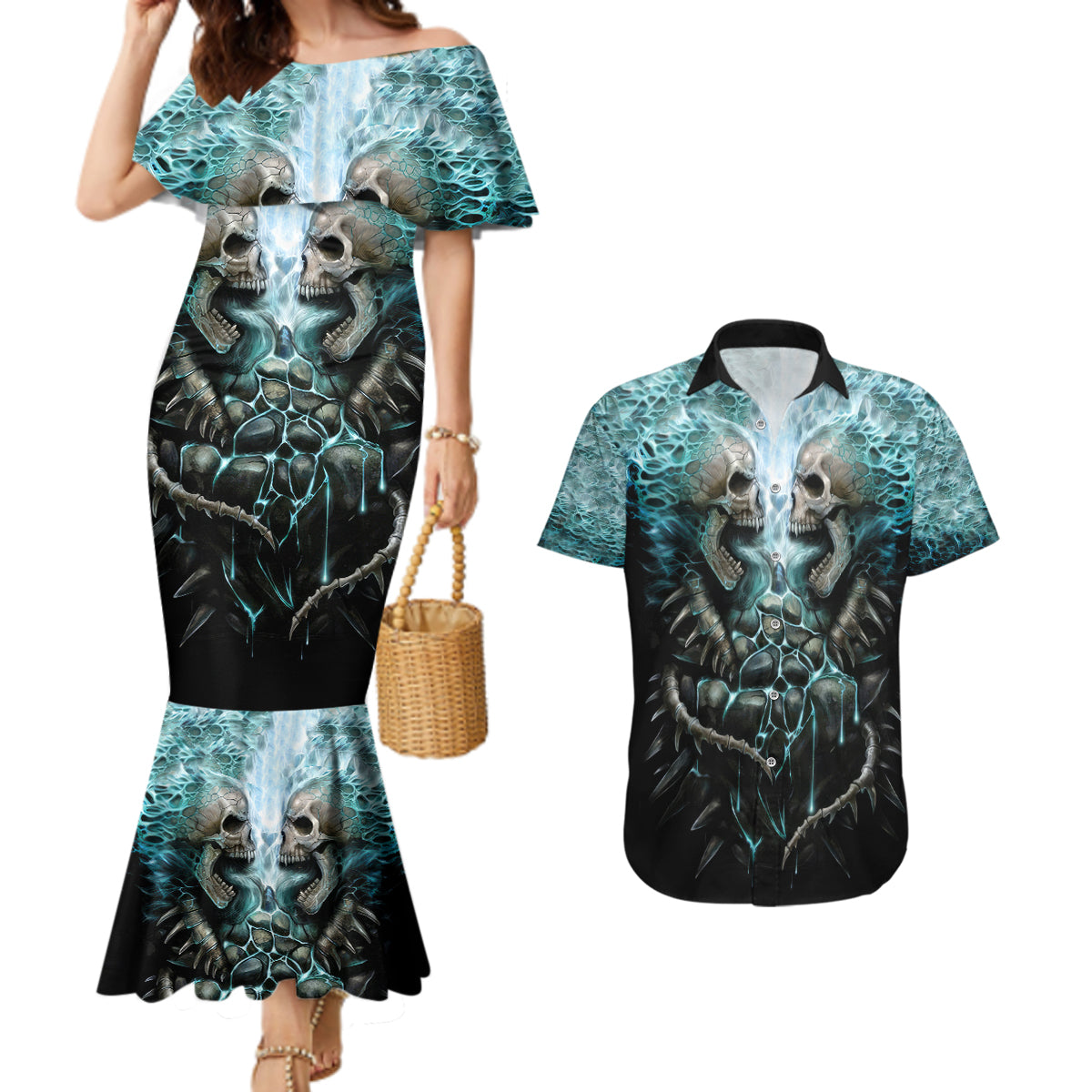 Flame Twin Skull Couples Matching Mermaid Dress And Hawaiian Shirt Skeleton Inside - Wonder Print Shop