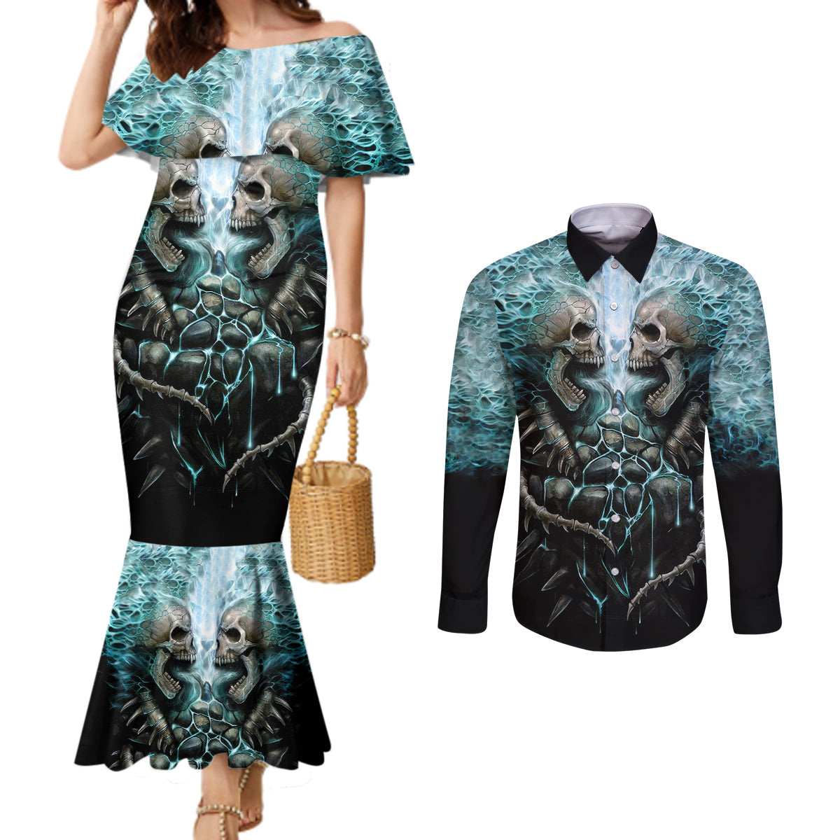 Flame Twin Skull Couples Matching Mermaid Dress and Long Sleeve Button Shirts Skeleton Inside DT01