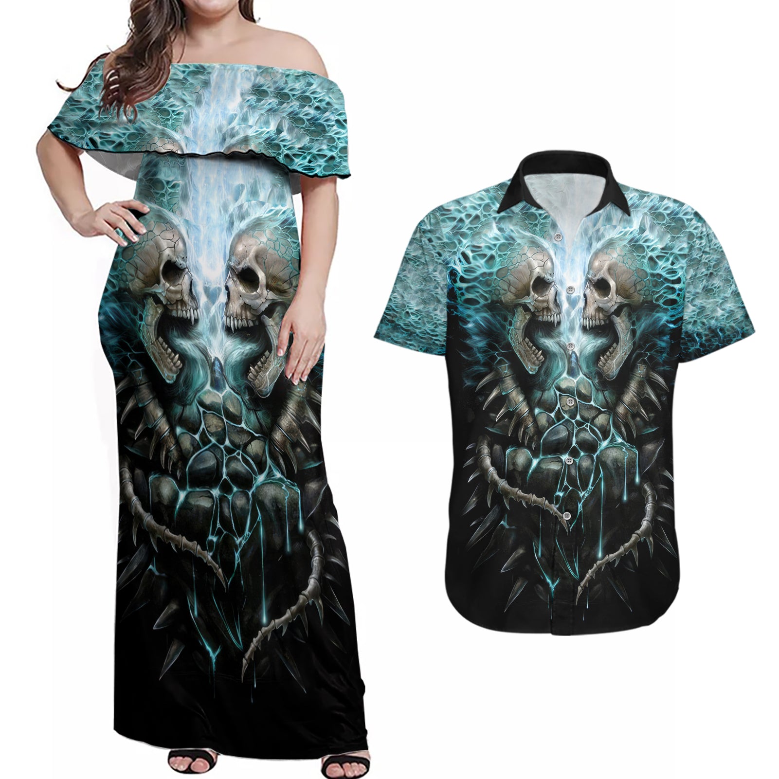 Flame Twin Skull Couples Matching Off Shoulder Maxi Dress and Hawaiian Shirt Skeleton Inside - Wonder Print Shop