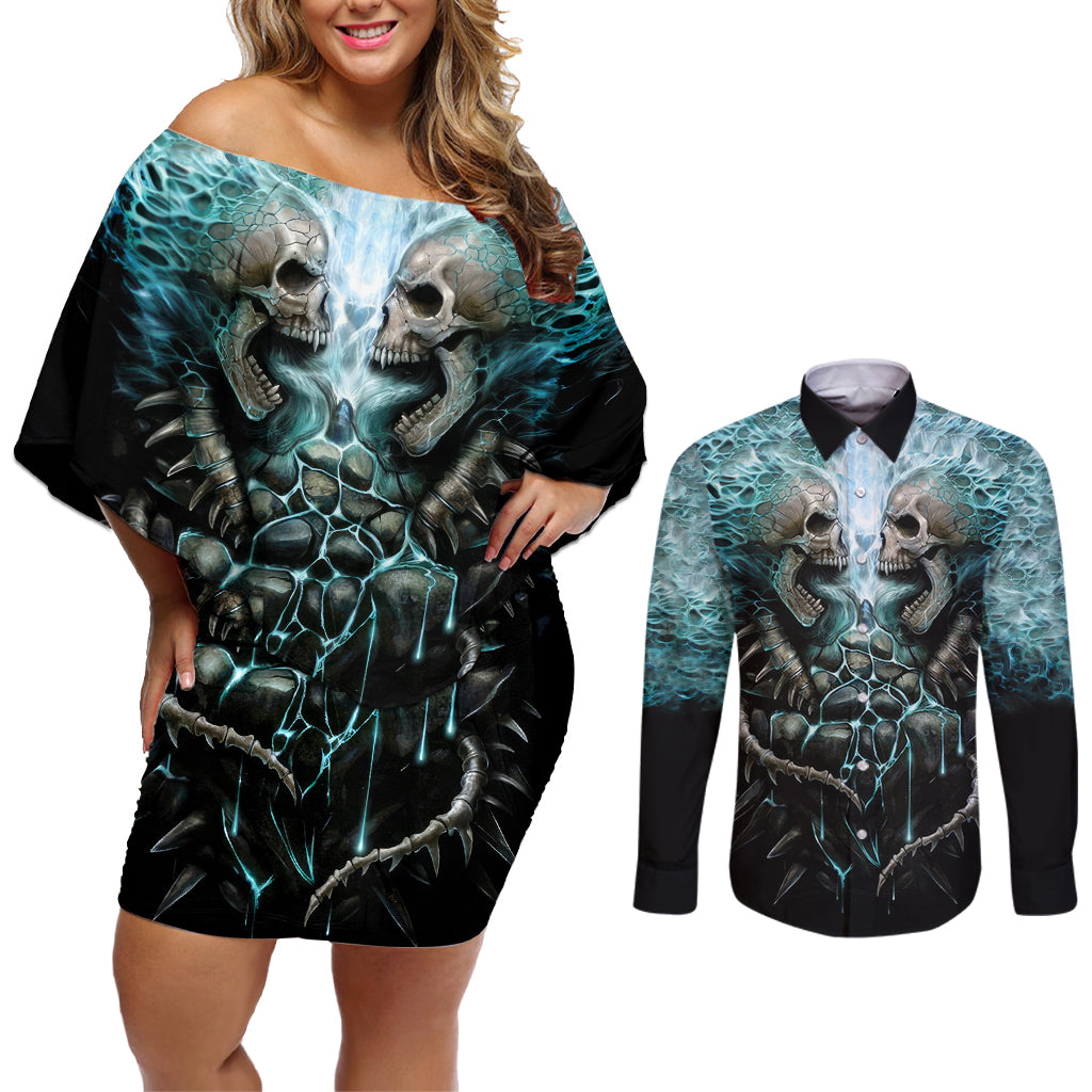 Flame Twin Skull Couples Matching Off Shoulder Short Dress and Long Sleeve Button Shirts Skeleton Inside - Wonder Print Shop