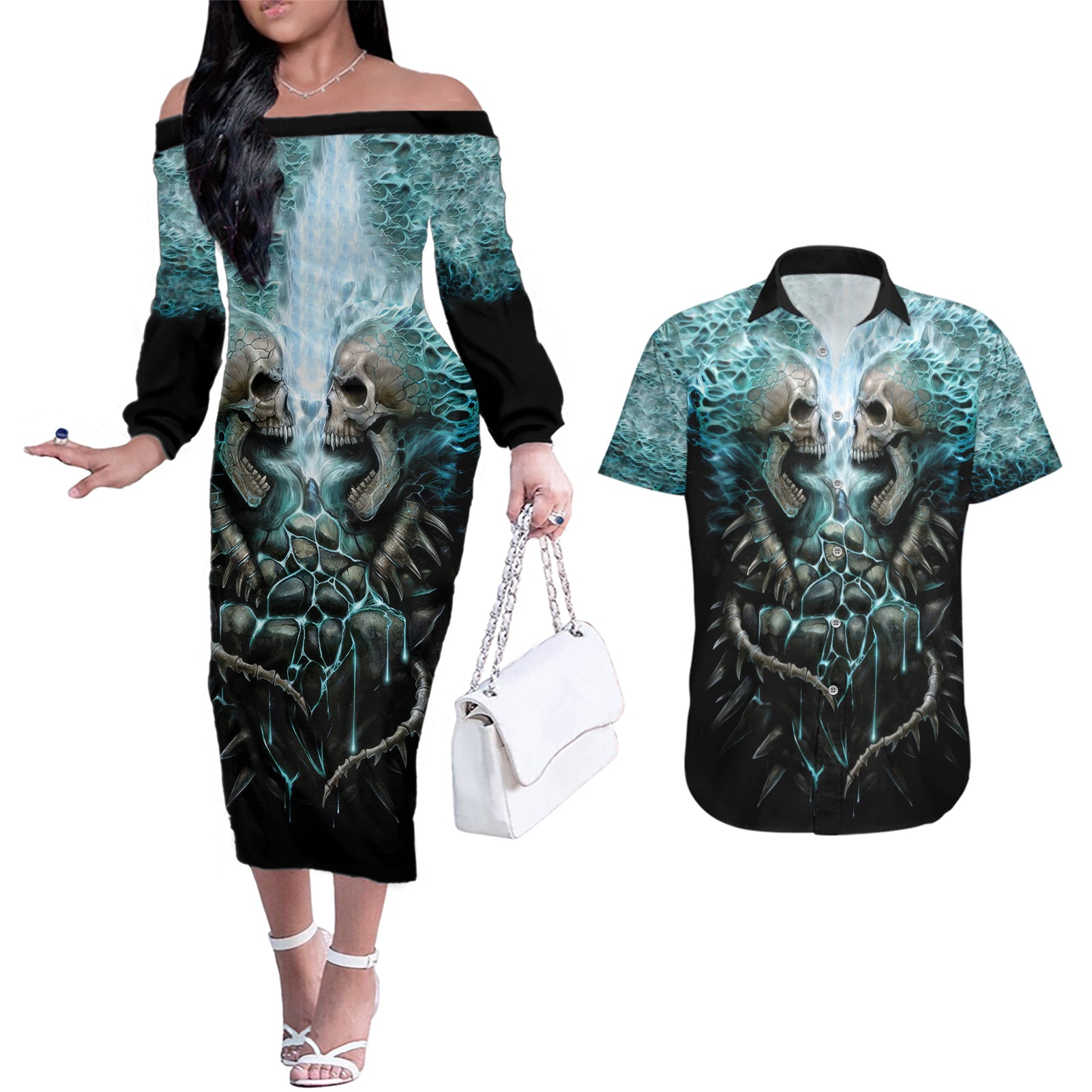 Flame Twin Skull Couples Matching Off The Shoulder Long Sleeve Dress and Hawaiian Shirt Skeleton Inside - Wonder Print Shop