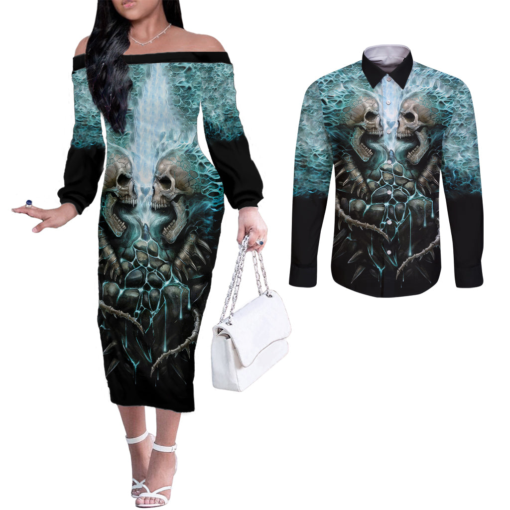 Flame Twin Skull Couples Matching Off The Shoulder Long Sleeve Dress and Long Sleeve Button Shirts Skeleton Inside DT01