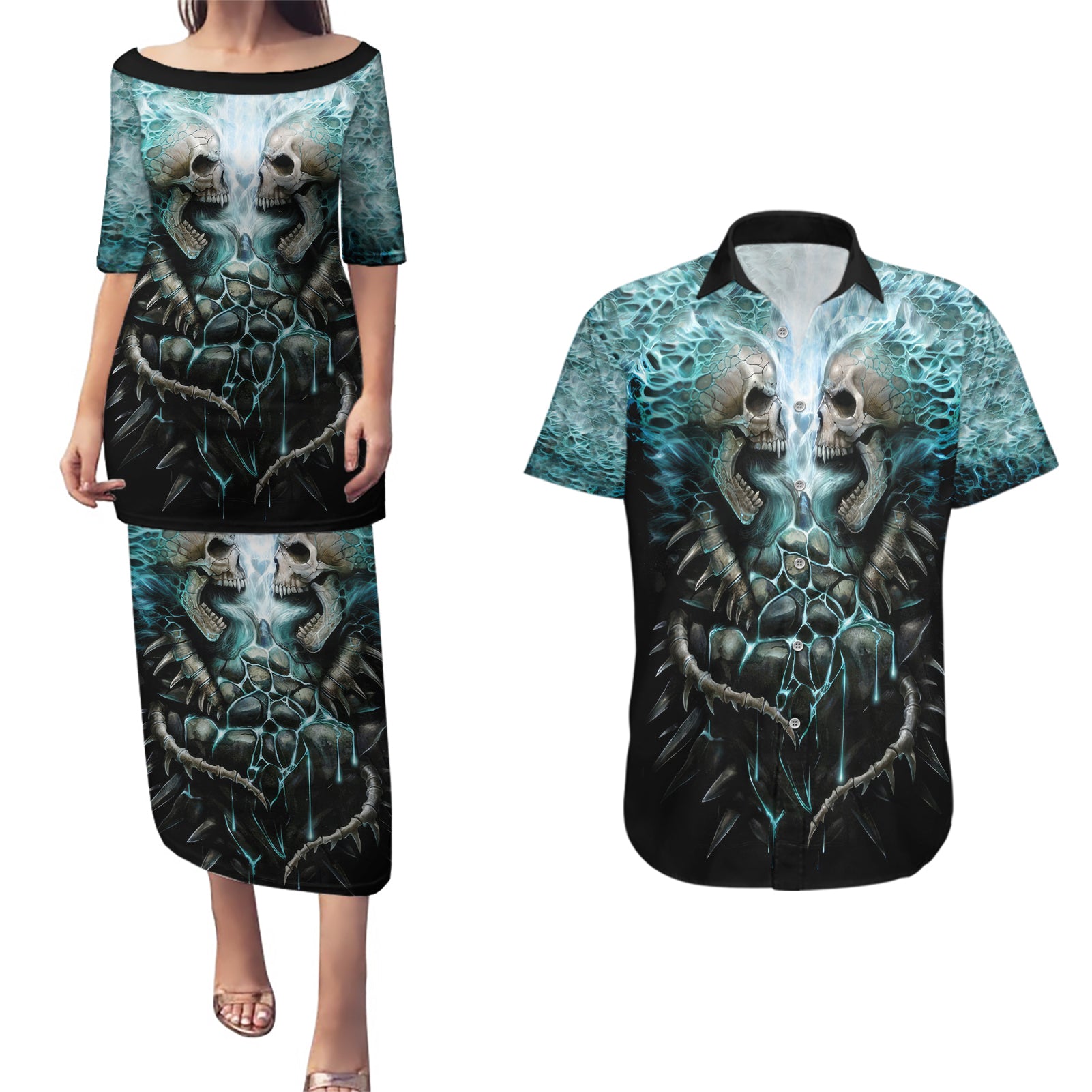 Flame Twin Skull Couples Matching Puletasi Dress and Hawaiian Shirt Skeleton Inside - Wonder Print Shop