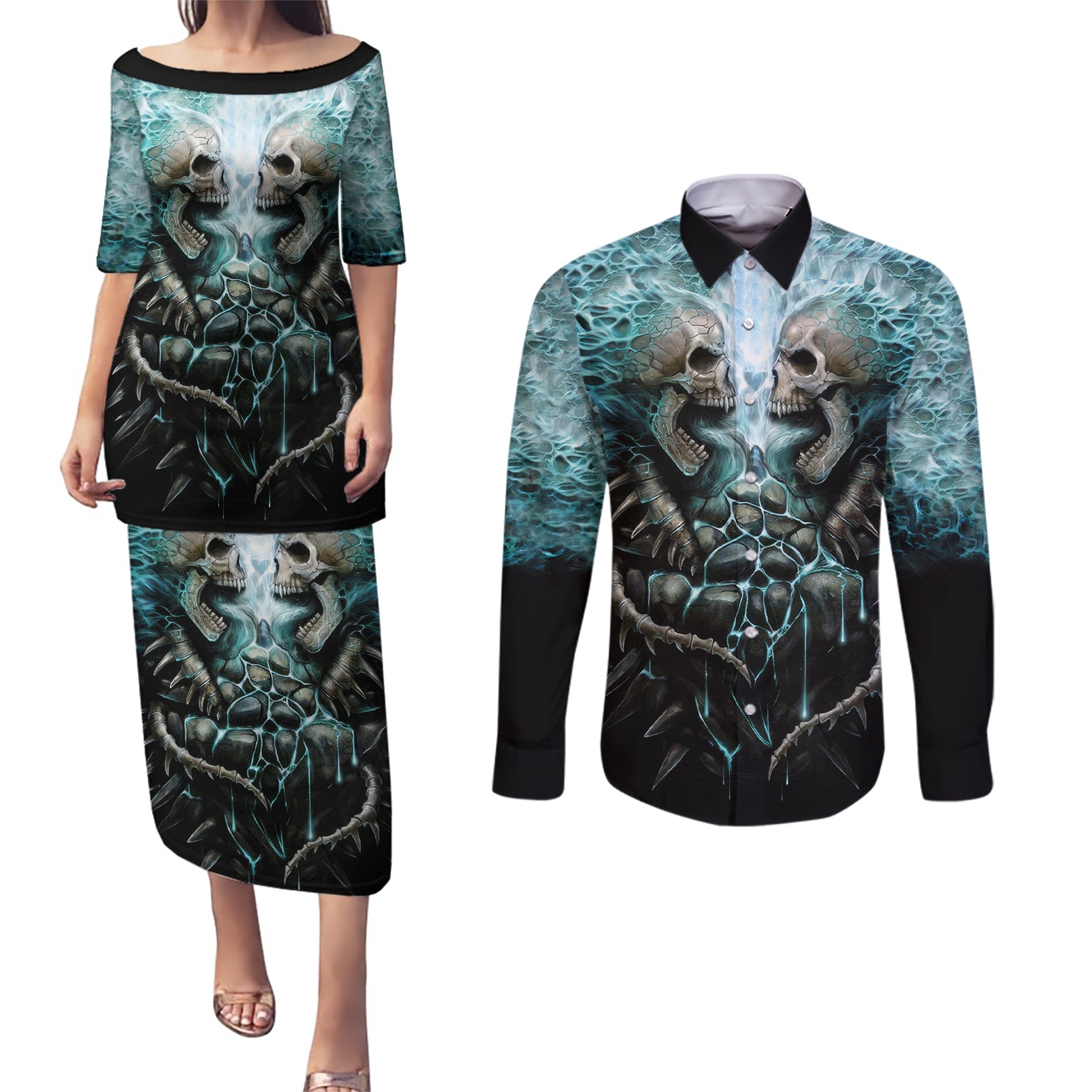 Flame Twin Skull Couples Matching Puletasi Dress and Long Sleeve Button Shirts Skeleton Inside - Wonder Print Shop