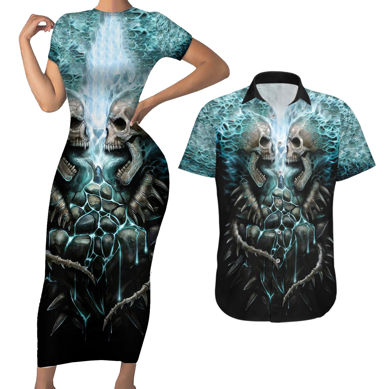 Flame Twin Skull Couples Matching Short Sleeve Bodycon Dress and Hawaiian Shirt Skeleton Inside - Wonder Print Shop