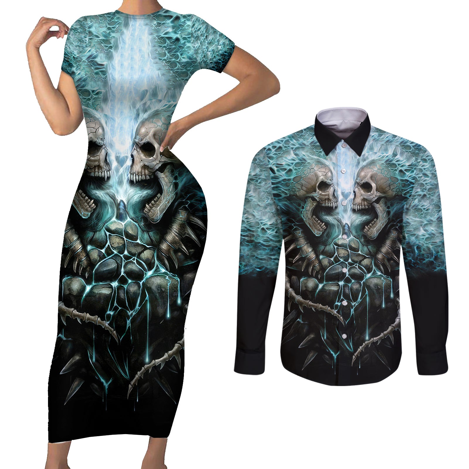 Flame Twin Skull Couples Matching Short Sleeve Bodycon Dress and Long Sleeve Button Shirts Skeleton Inside - Wonder Print Shop