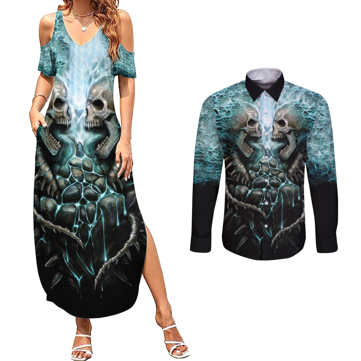 Flame Twin Skull Couples Matching Summer Maxi Dress and Long Sleeve Button Shirts Skeleton Inside - Wonder Print Shop