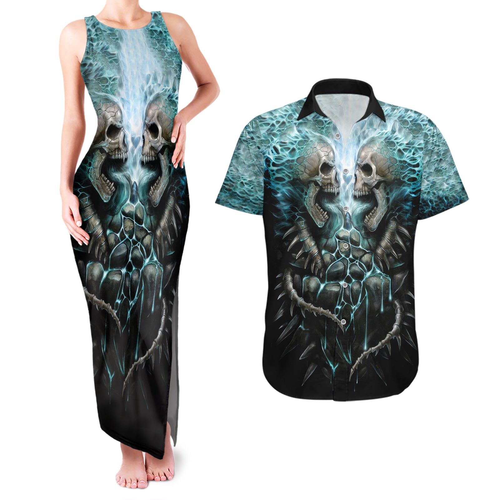 Flame Twin Skull Couples Matching Tank Maxi Dress And Hawaiian Shirt Skeleton Inside - Wonder Print Shop