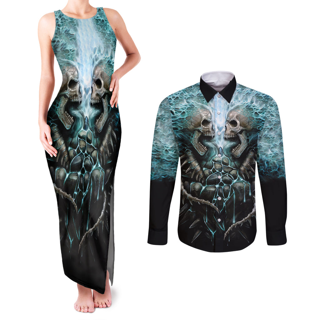 Flame Twin Skull Couples Matching Tank Maxi Dress and Long Sleeve Button Shirts Skeleton Inside - Wonder Print Shop