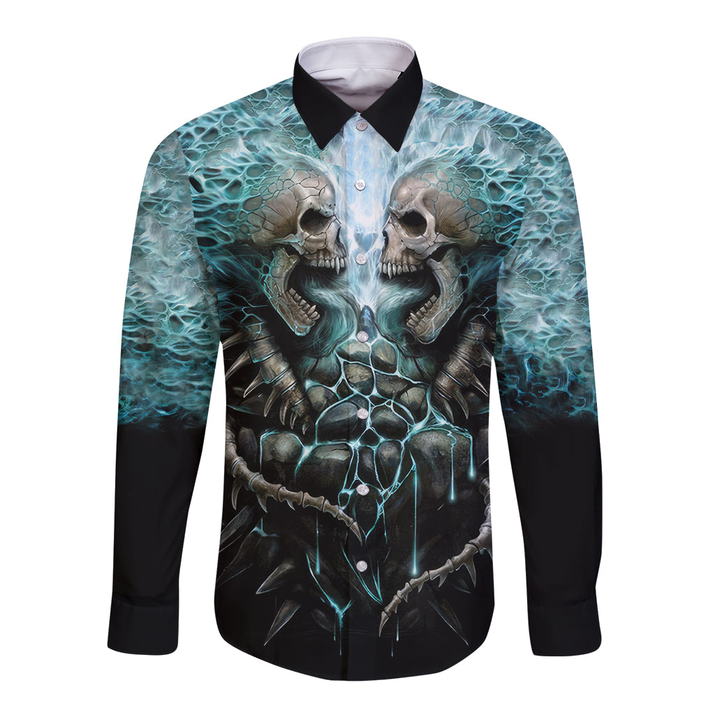 Black skeleton graphic button-up shirt, long sleeves, teal skull flame print