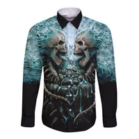 Black skeleton graphic button-up shirt, long sleeves, teal skull flame print