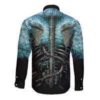 Black skeleton spine graphic button-up shirt, long sleeves, teal ribs print