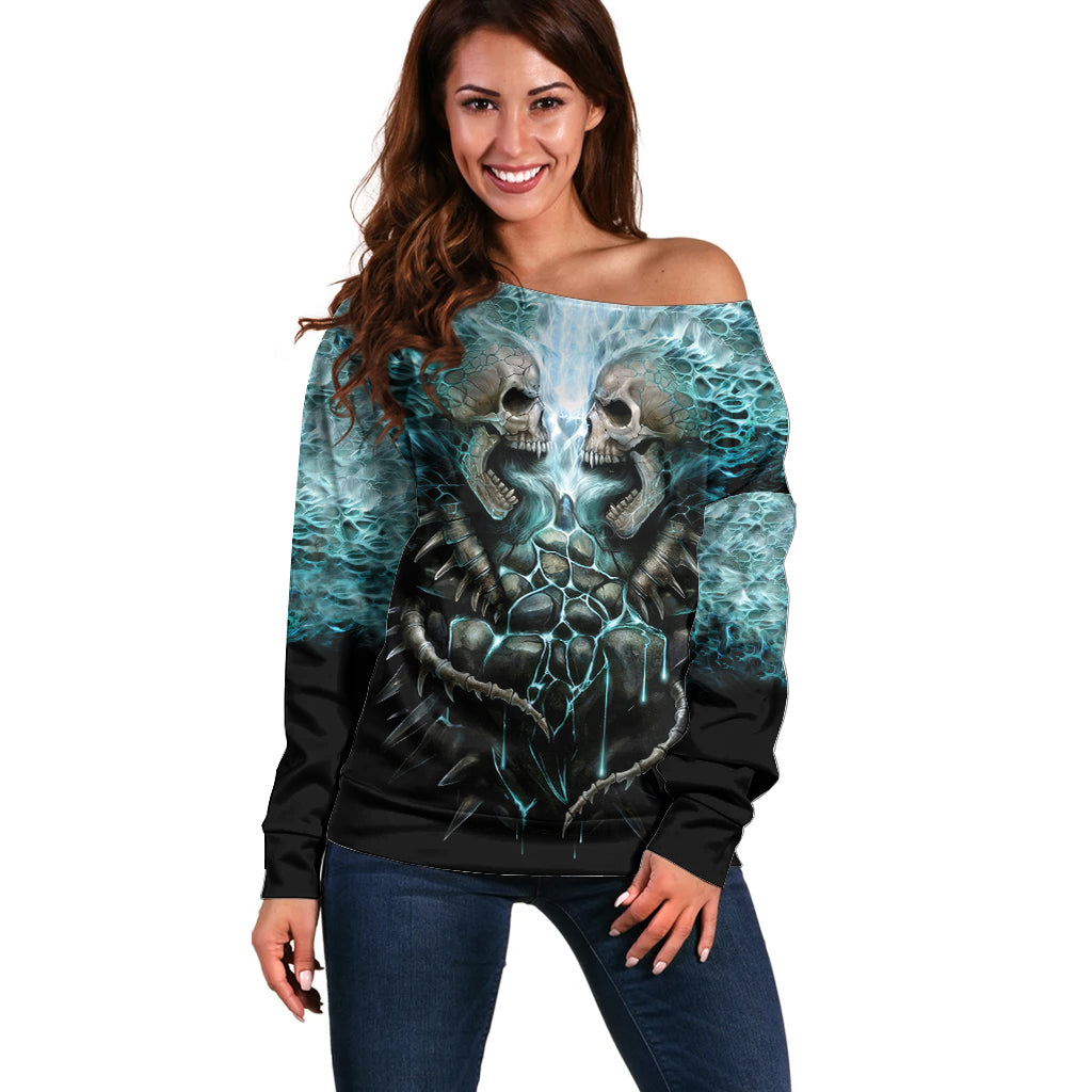 Flame Twin Skull Off Shoulder Sweater Skeleton Inside - Wonder Print Shop