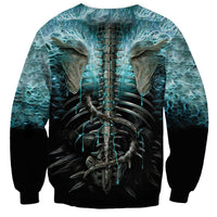 Unisex sweatshirt with back skull-and-ribcage skeleton graphic, teal wings, long sleeves