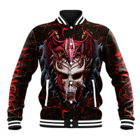 Red and black dragon skull baseball jacket with striped collar, front button-up graphic