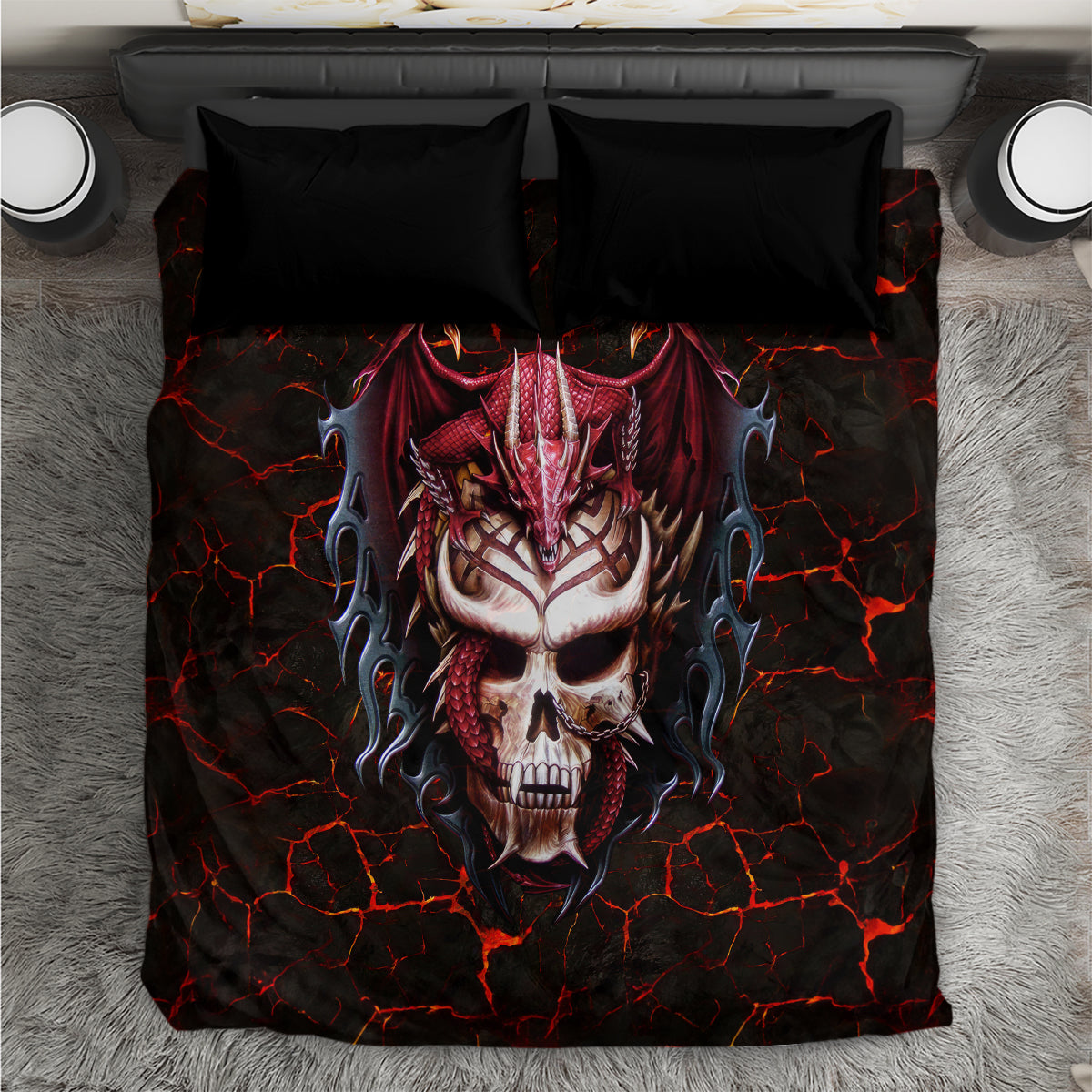 Draconic skull bedding set with black-red fiery skull graphic and dark emblem flames