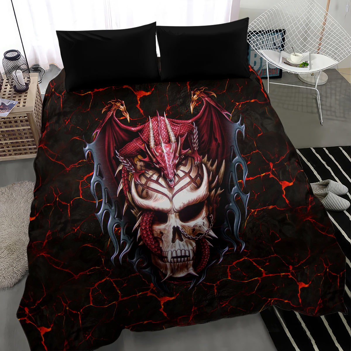 Draconic skull bedding set featuring a red horned skull with black flame crack pattern