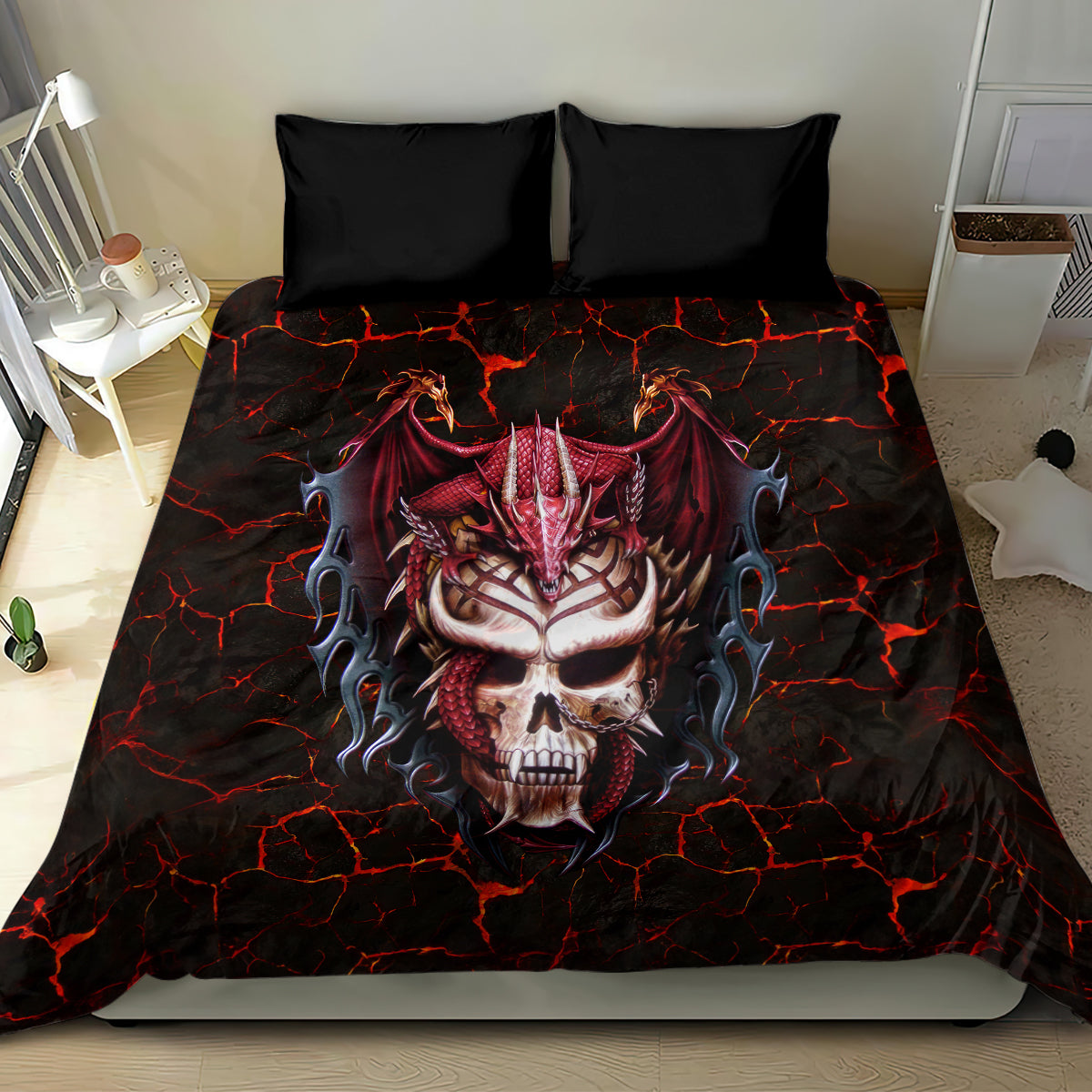 Horned dragon skull bedding set in black with red fiery details and cracked lava lines