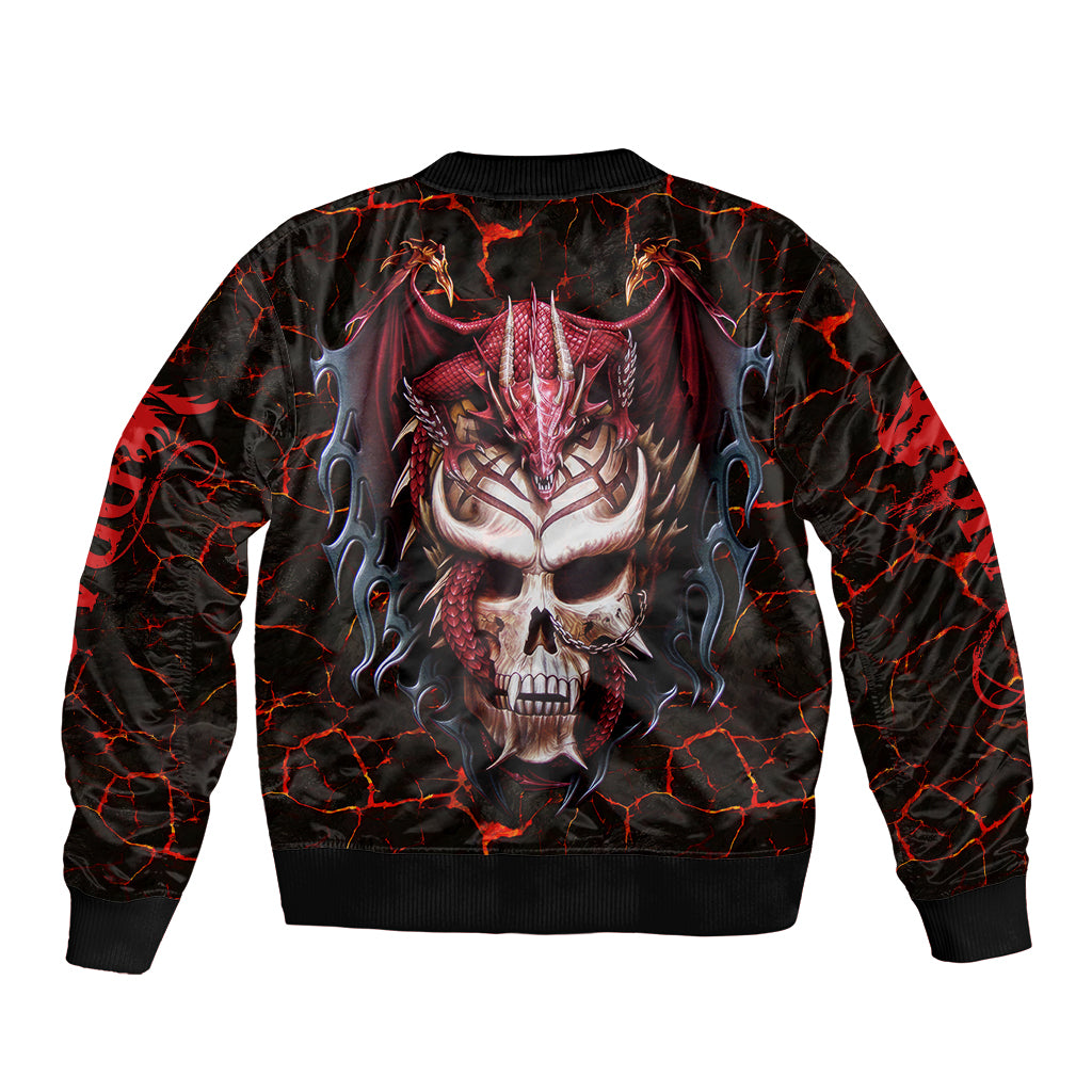 Red skull-and-dragon graphic bomber jacket with ribbed collar and back print