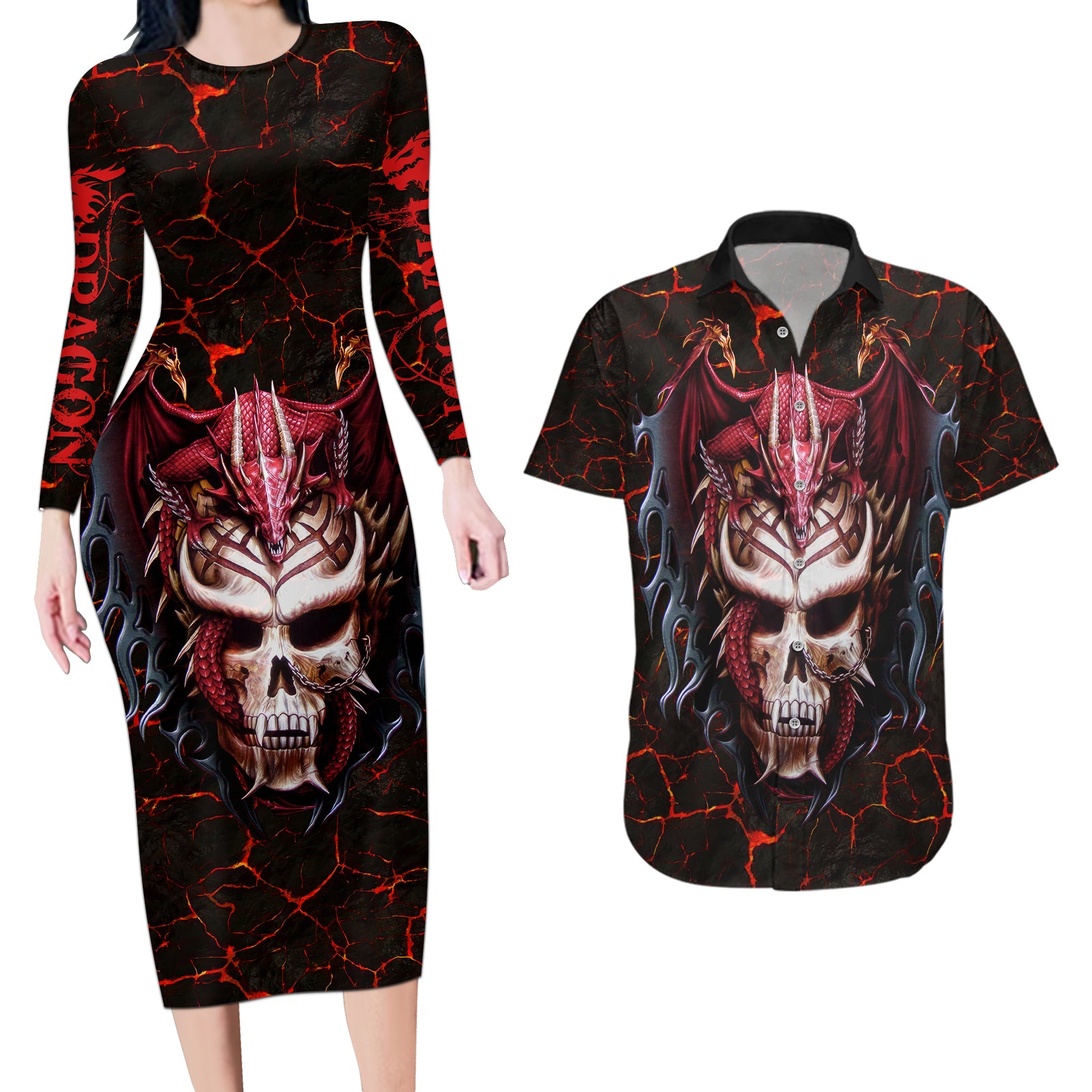 Infernal Draconic Skull Couples Matching Long Sleeve Bodycon Dress and Hawaiian Shirt Embracing the Fiery Soul - Wonder Print Shop