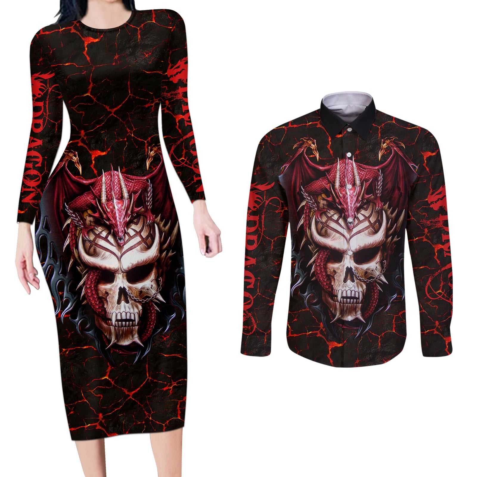 Infernal Draconic Skull Couples Matching Long Sleeve Bodycon Dress and Long Sleeve Button Shirts Embracing the Fiery Soul - Wonder Print Shop