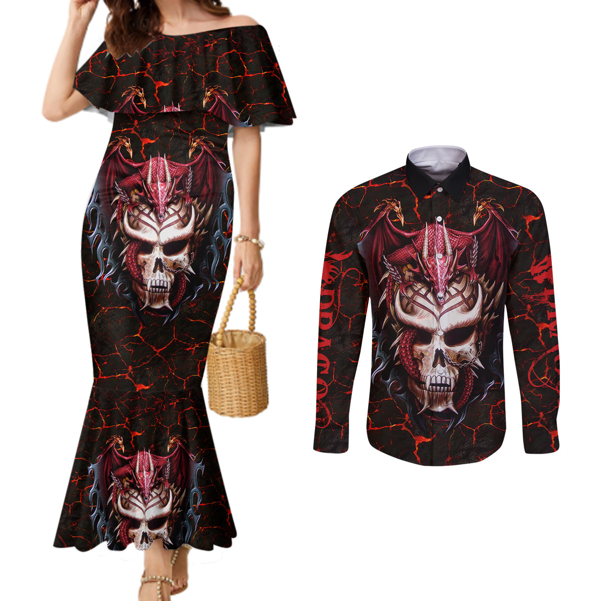 Infernal Draconic Skull Couples Matching Mermaid Dress and Long Sleeve Button Shirts Embracing the Fiery Soul DT01