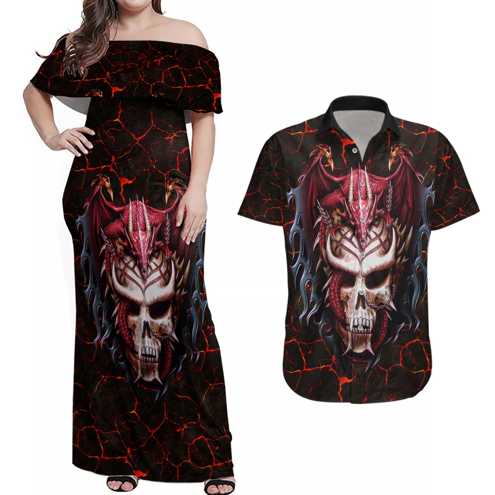 Infernal Draconic Skull Couples Matching Off Shoulder Maxi Dress and Hawaiian Shirt Embracing the Fiery Soul - Wonder Print Shop