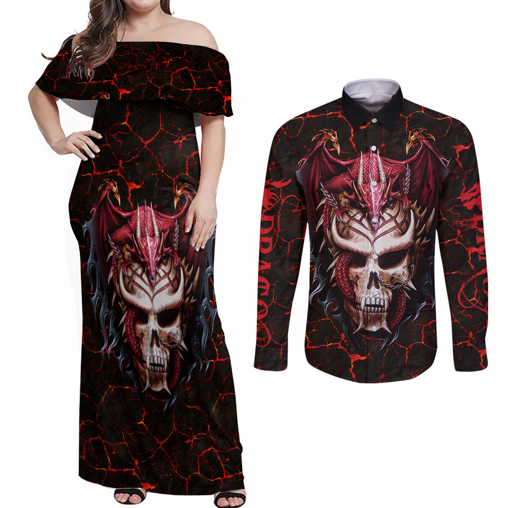 Infernal Draconic Skull Couples Matching Off Shoulder Maxi Dress and Long Sleeve Button Shirts Embracing the Fiery Soul - Wonder Print Shop