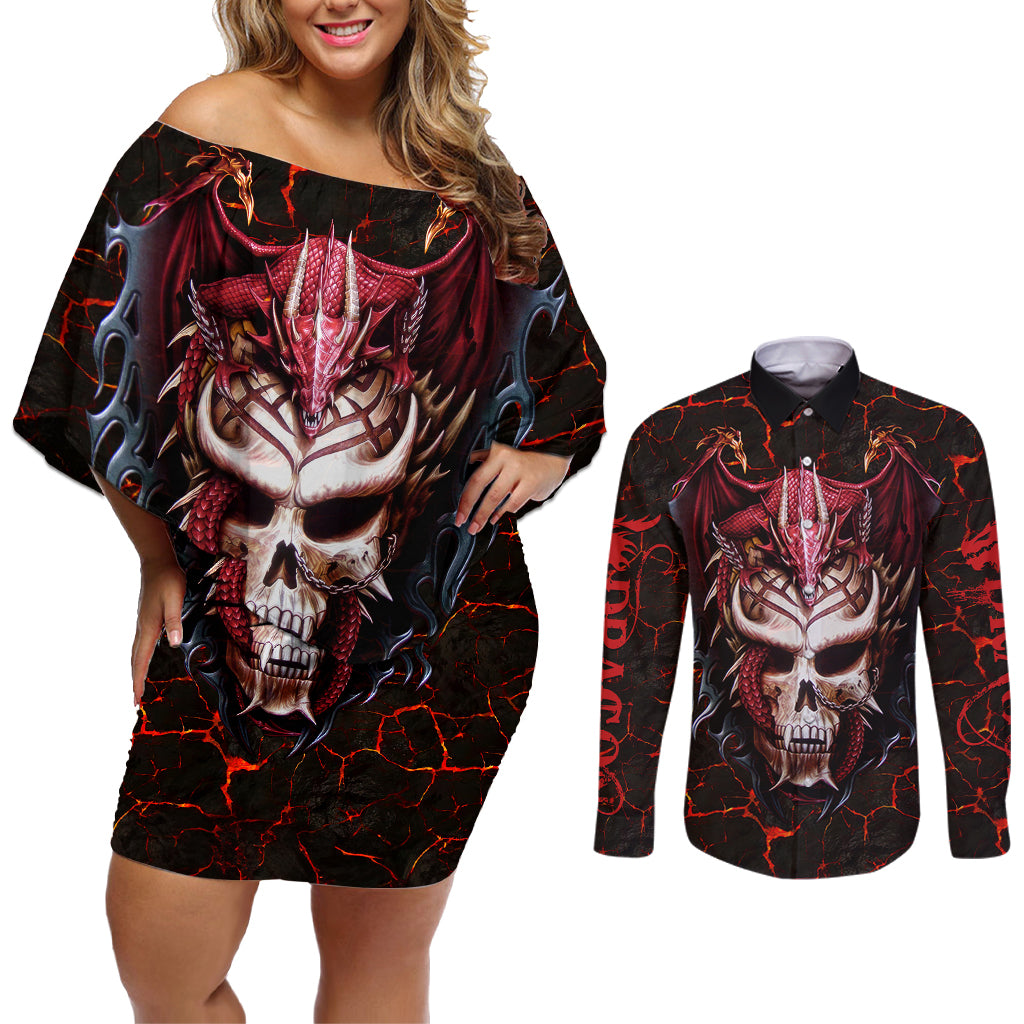 Infernal Draconic Skull Couples Matching Off Shoulder Short Dress and Long Sleeve Button Shirts Embracing the Fiery Soul - Wonder Print Shop