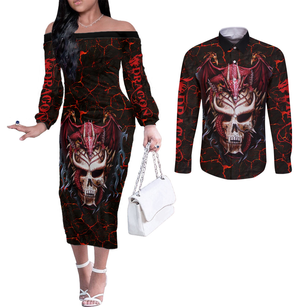 Infernal Draconic Skull Couples Matching Off The Shoulder Long Sleeve Dress and Long Sleeve Button Shirts Embracing the Fiery Soul DT01